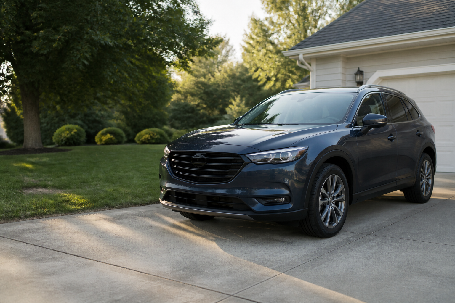 A privately owned blue crossover parked in a residential driveway